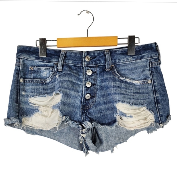 Abercrombie & Fitch Distressed Jean Denim Shorts Low Rise Button Fly Blue Size 8 - Picture 1 of 13